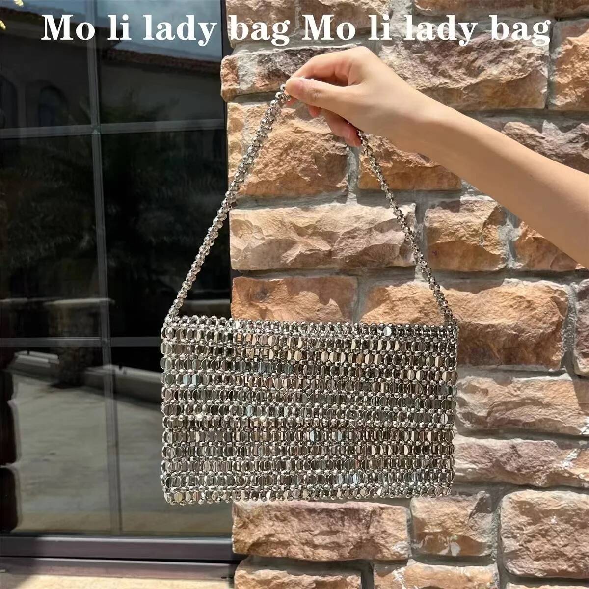 Glitter Shiny Sier Beads Beading Woven Handmade Square Hollow Out Women Fashion Handbag Shoulder Female Casual Bag