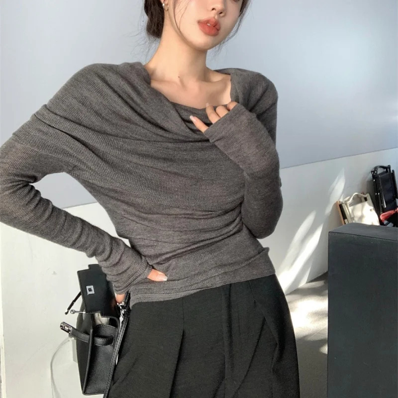 Autumn Women Long Sleeve Knitted Top Gray One Shoulder Sexy Y2k Women Sweater Winter Slim Solid Pullover Knitwear 250723