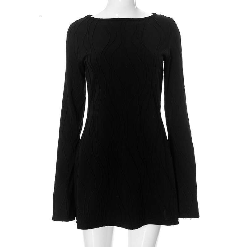 Yds427 Women's Autumn New Solid Color Round Neck Wave Stripe Long Sleeve Bodycon Dress B5