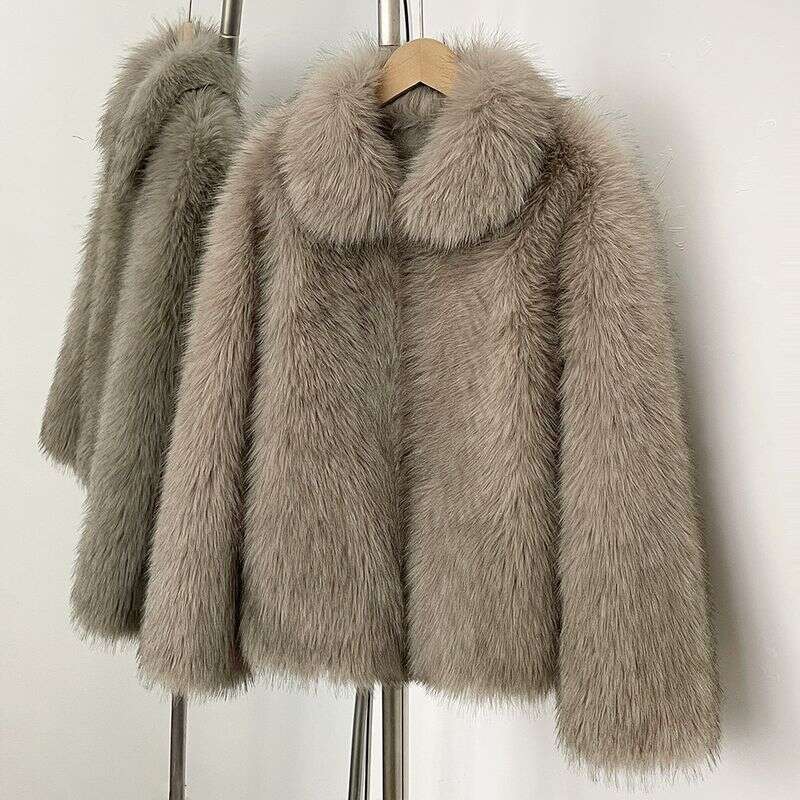 Winter fur coat for women, fashionable lapel, thick warm synthetic wool coat, elegant square collar coat