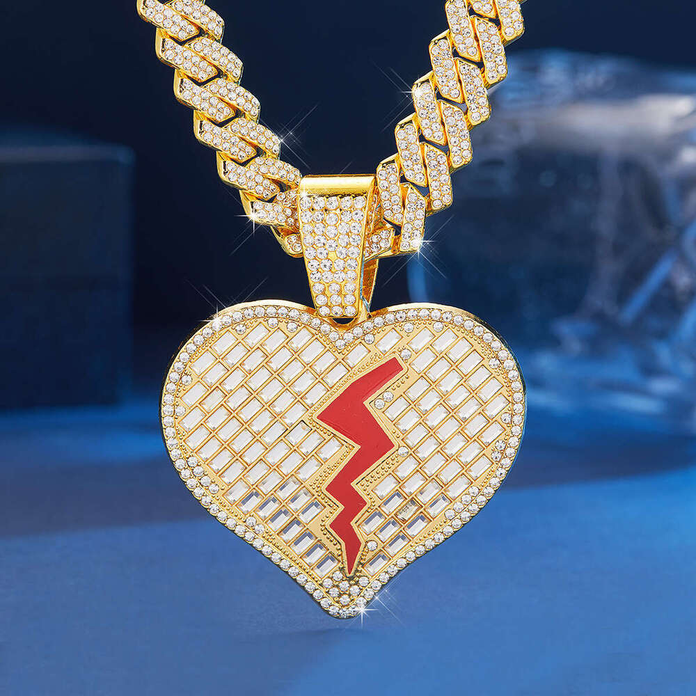 Full Dia Oil Drop Heartbreak Love Heart Pendant Hip Hop Exaggerated Alloy Cuban Chain Creative Trendy Necklace
