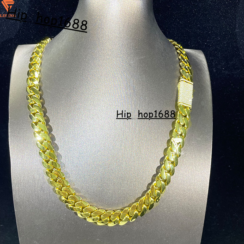 Custom 18K Gold Plated 14mm Cuban Link Chain Iced Moissanite Necklace Solid Sterling Hiphop Plain Cuban Link Necklace