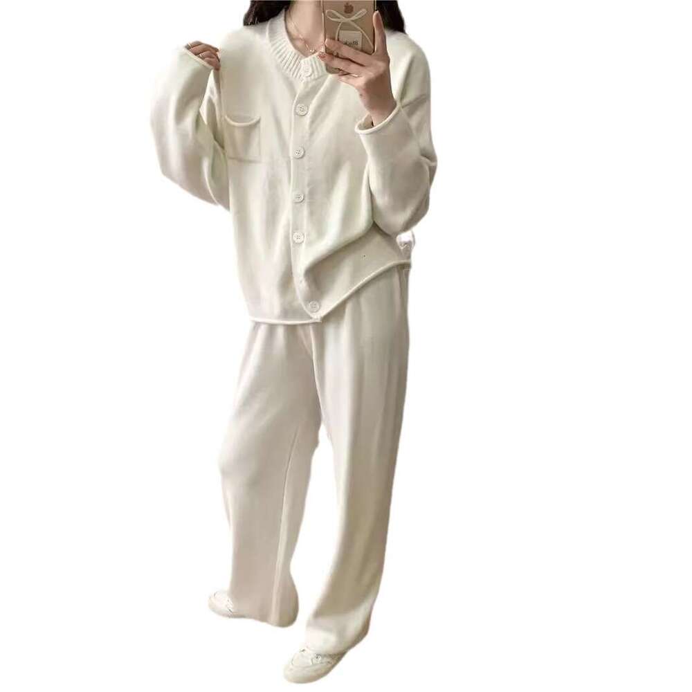 Autumn Winter New Loose Knitted Suit For Women Round Neck Cardigan Sweater + Wide Leg Pants B5