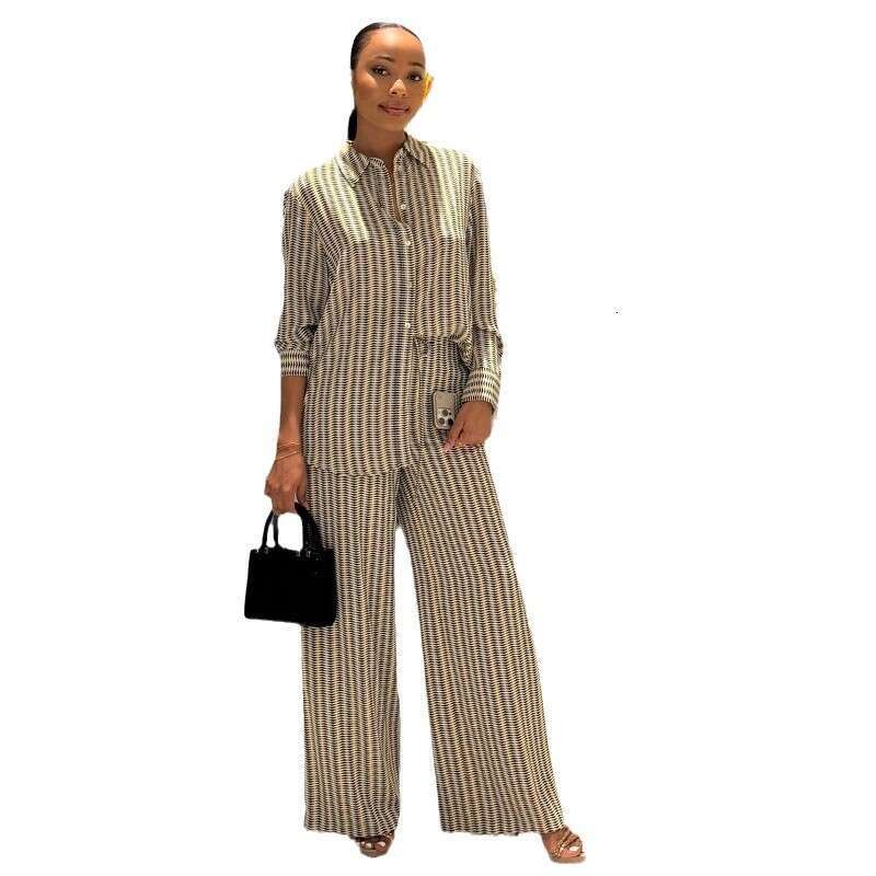 Women's Fashion Black Casual Print Long Sleeve Shirt And Wide Leg Pants Two-Piece Set For Autumn B5