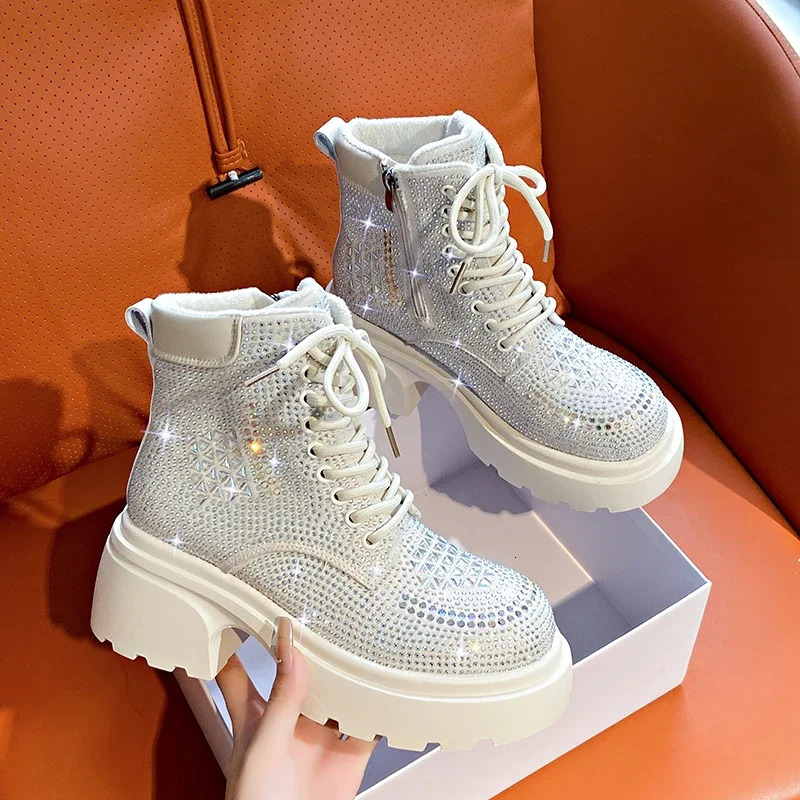 Sequin Diamond Short Boots Women Autumn Winter Fashion High Top Thick Heel Lace Up Boots Outdoor Party Casual Shoes 250729