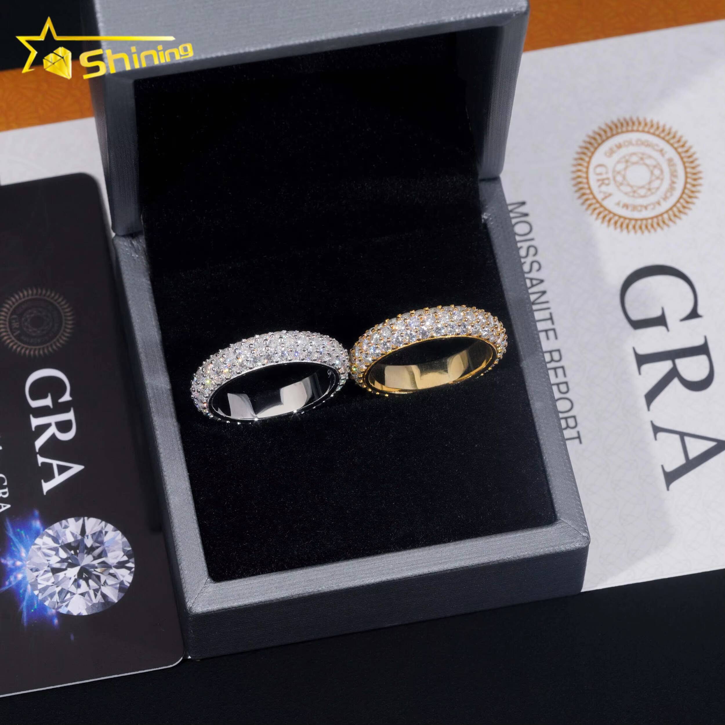 Factory Stock GRA Certified Solid 925 Sterling Silver Gold Plated Fine Jewelry Fully Iced Out 3 Rows Moissanite Band Ring