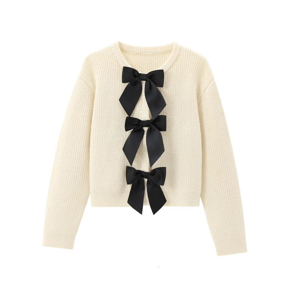 TRAFSHE Women Autumn Casual Cardigans Solid ONeck Long Sleeve Bow Decorate Single Breasted Knitted Sweaters 1255053 250730