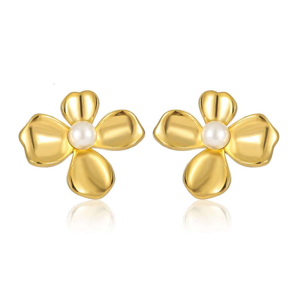 Hot Selling Flower Shape Inlaid Pearl Wind Ear Jewelry Female High Sense Stainless Steel Women Earrings