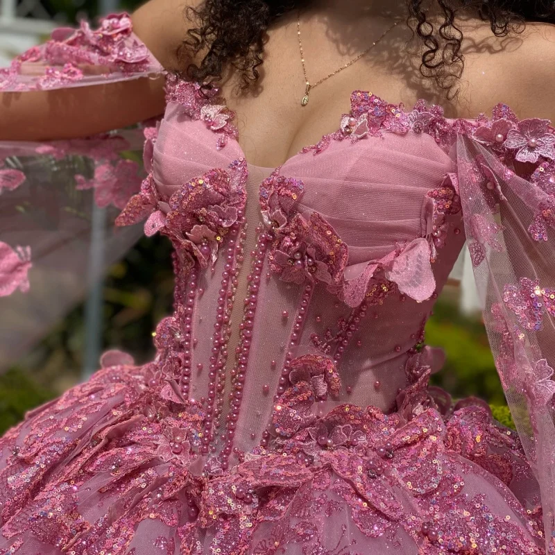 Pink Shiny Quinceanera Dresses Off The Shoulder Sequin Applique Bow Beads Tulle With Cape Vestidos De 15 Anos Sweet 15 Dress