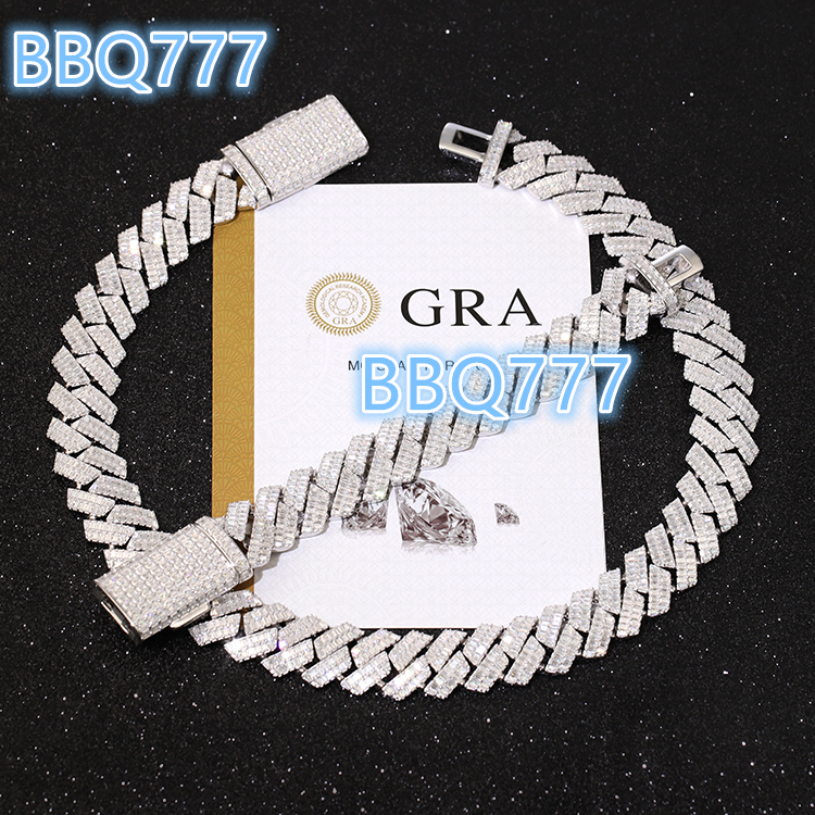 Yu Ying Gems Jewelrys 20mm Wide Full Baguette Moissanite Diamond 925 Sterling Silver Necklace with Cuban Chain