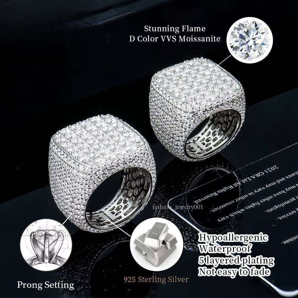 High-Quality Luxury Hip-Hop Fashion Jewelry Square Pure Silver Full Iced Moissanite Men's Ring