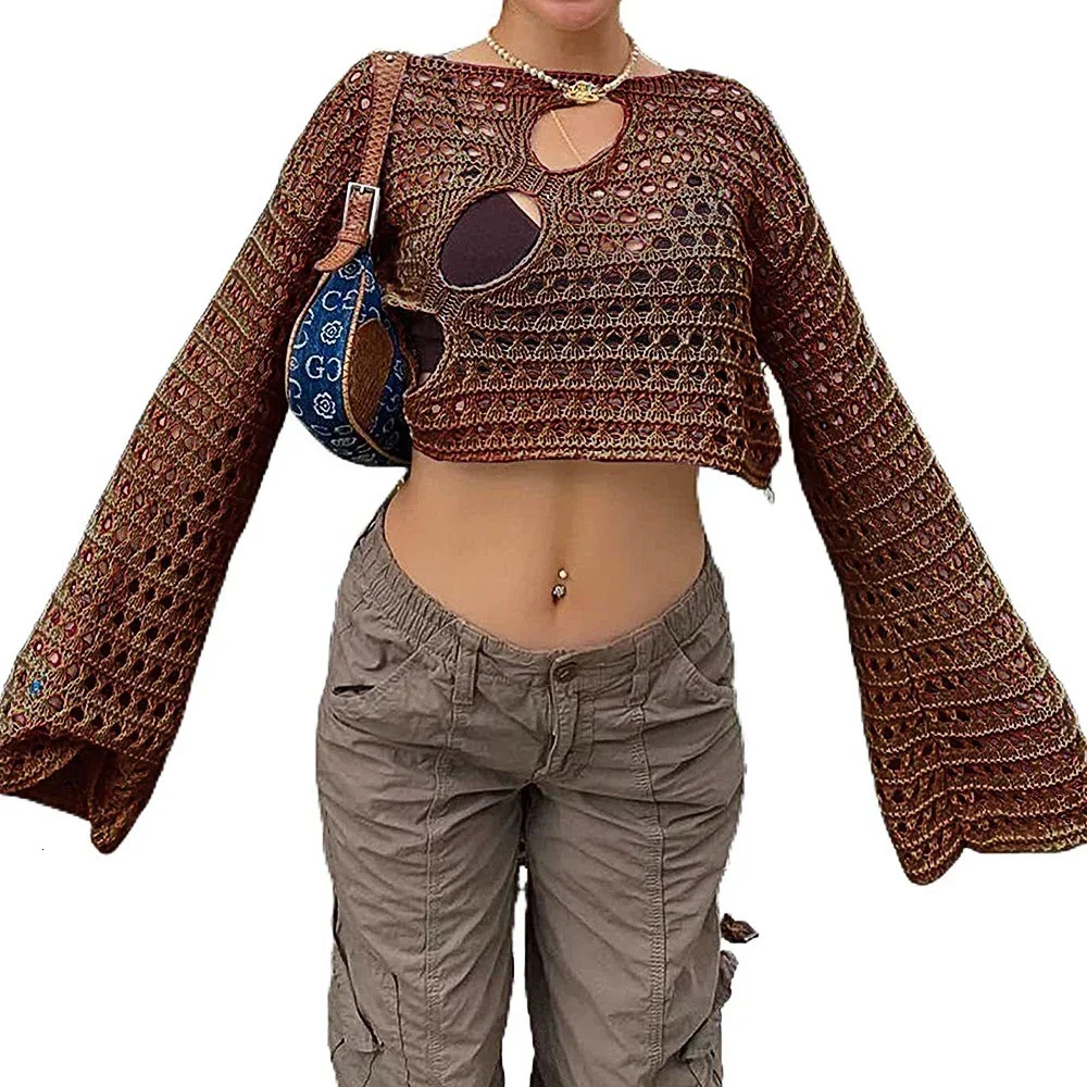 Y2K Hollow Out Crop Top Knitted Retro Long Sleeve T-Shirt Women Summer Sun Protection Breathable Cardigans Patched 250725