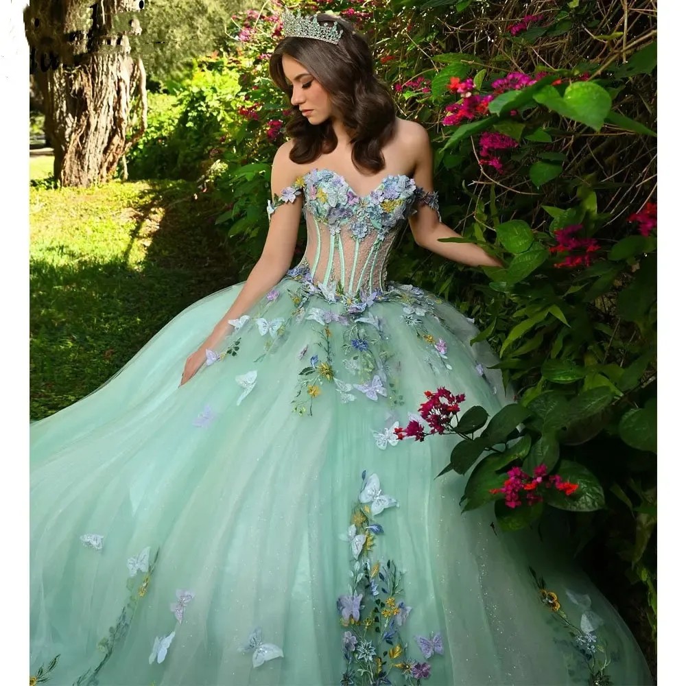 Mint Green Illusion Floral Appliques Lace Ball Gown Quinceanera Dress Off The Shoulder 3D Flowers Princess Sweet 15 16 Birthday