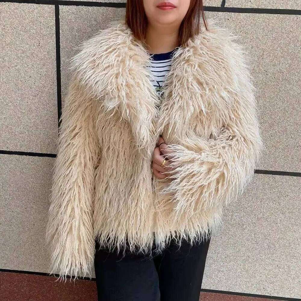 LHXDW Women's fake Mongolian fur coat with big collar, autumn and winter fashionable faux fur coat, beach wool jacket