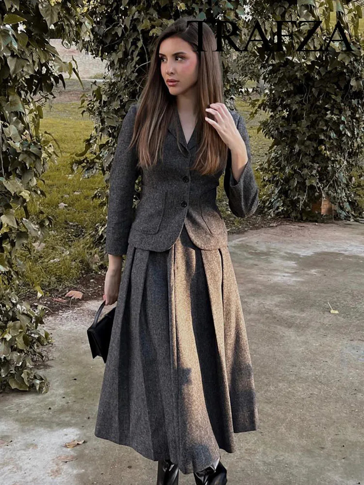 TRAFZA Autumn Suits For Women Fashion Lapel Sheath Single Breasted Blazer Textured Commute Office Lady Womens Skirt 250730