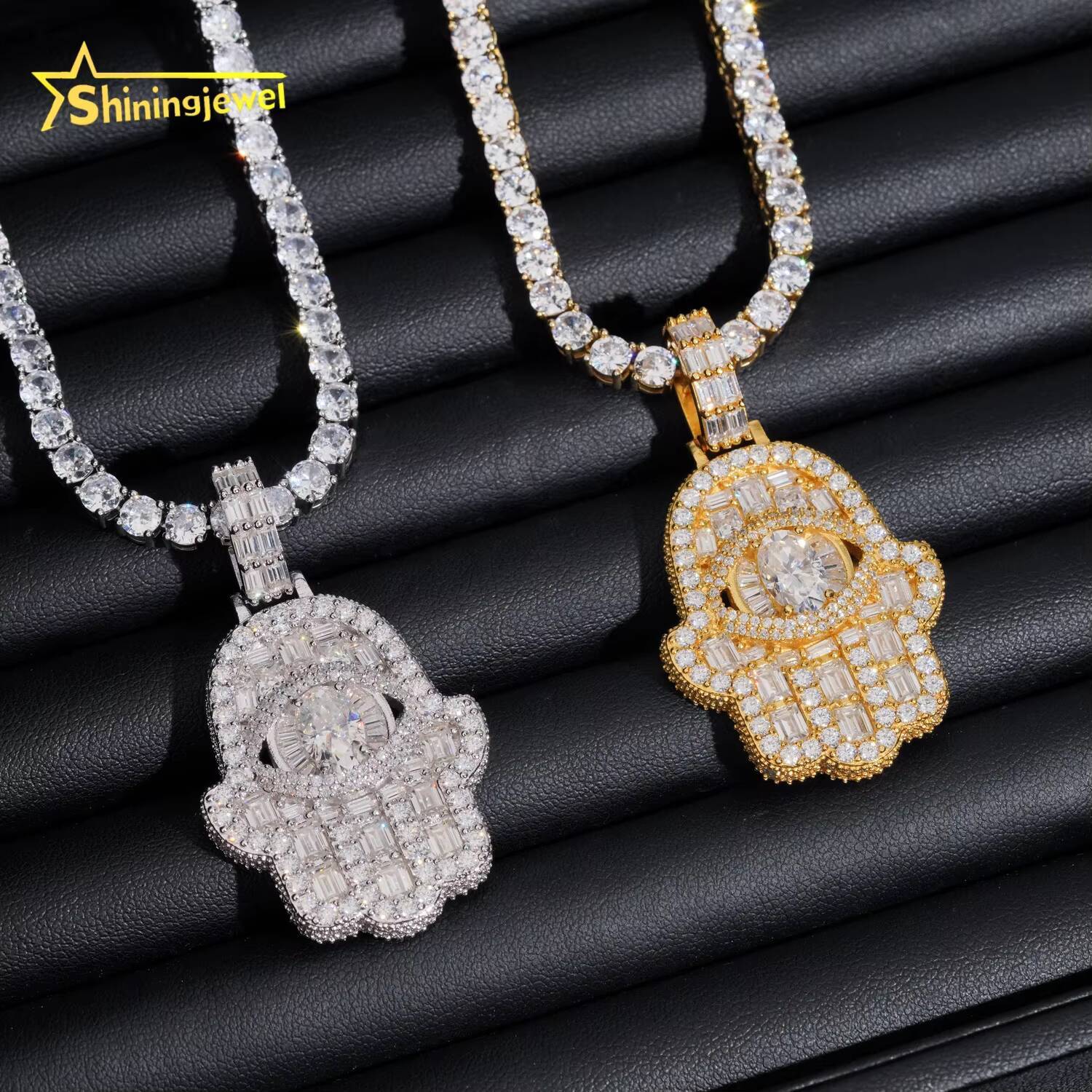 Fully Iced Out Luxury Bling Hip Hop VVS Moissanite Diamond Hamsa Hand 925 Silver Pendant