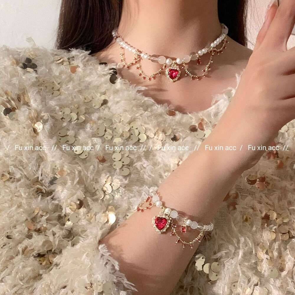 French Baroque Necklace Lolita Heart Pearl Light Ring Ancient Style Hanfu Accessory Collarbone Chain 221