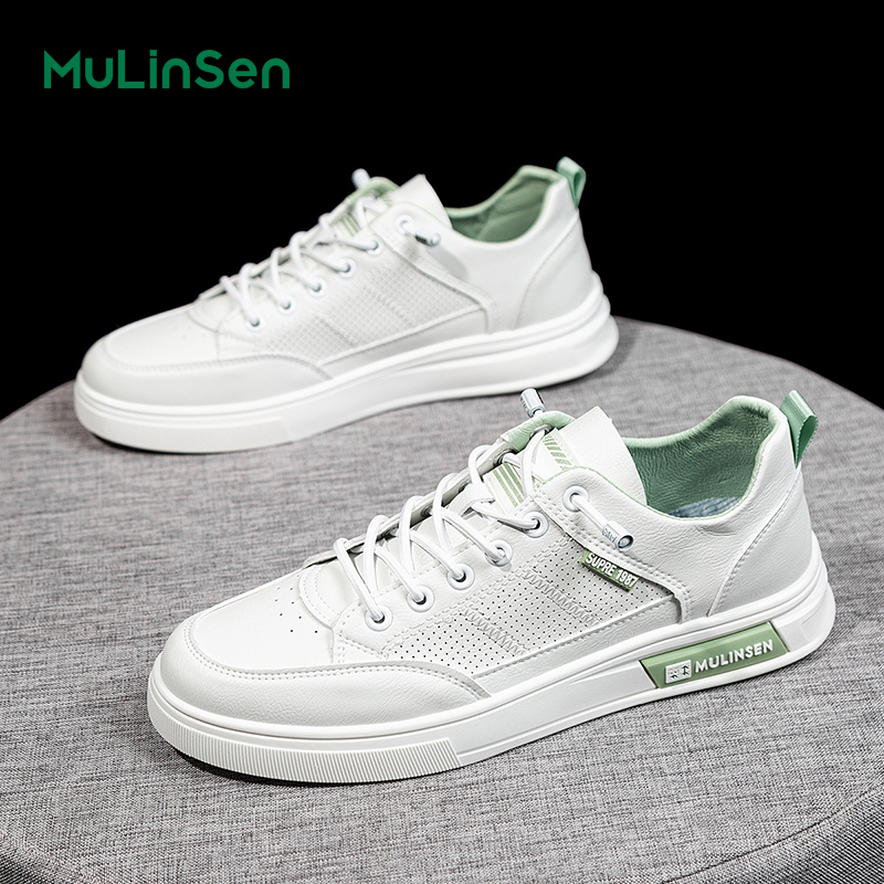 Mulinsen men's shoes spring and summer 2025 all-match youth breathable sports punched casual sneakers flat bottom non-slip wear-resistant white s