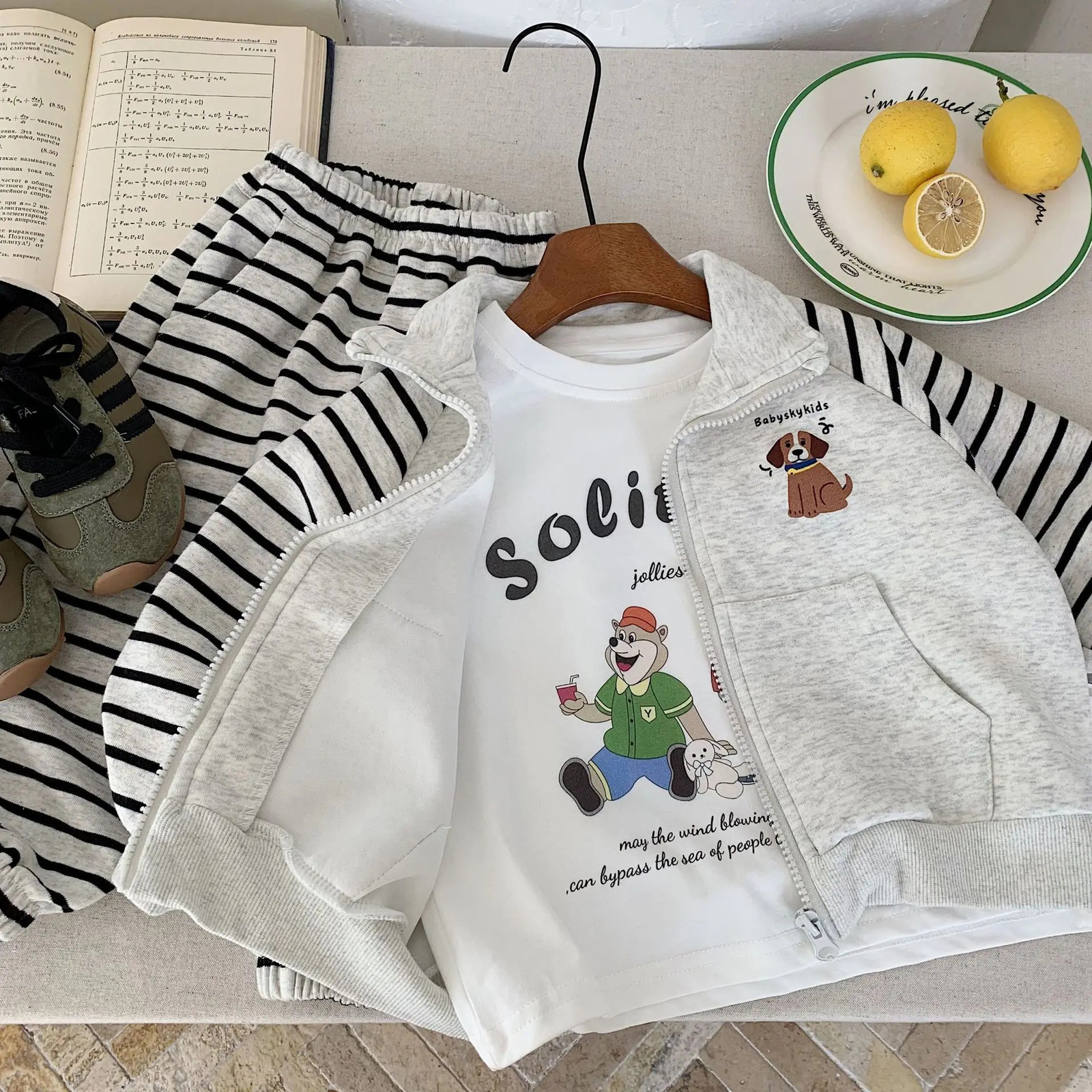 Kids Baby Boys Autumn Sets Cartoon Dog Printed CoatStriped Elastic Waist Pant 1-8Y Boys Sets Long Sleeves Baby Boys Sport Sets 250729