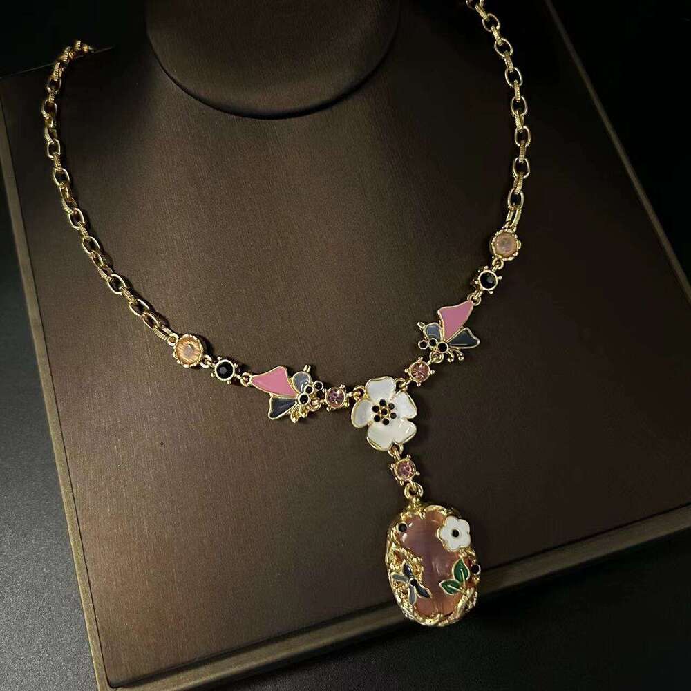 New Chinese Style Enamel Flower Bee Cat Eye Necklace Earrings Fresh Sweet Ear Vintage Jewelry Set