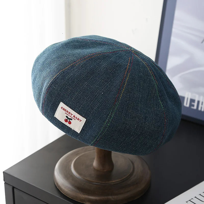 Beret Womens Hat Fashion Cherry Cloth Label Korean Style Washed Denim Cloth Sweet Cute Painter Hat Female Casual 250729