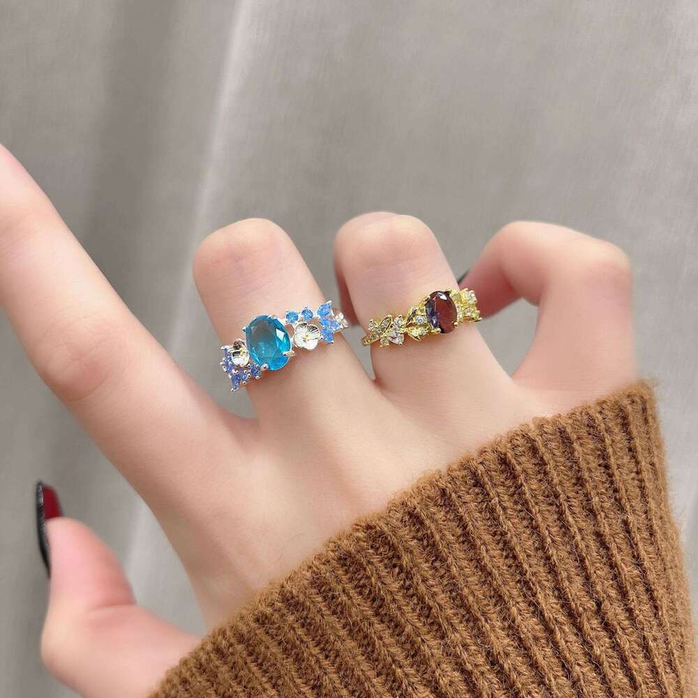 Flower Fairy Zircon Blue Embroidered Open Ring for Women Fashionable Elegant Versatile Light Luxury Micro Inlaid Sparkling High-end Feel b0b