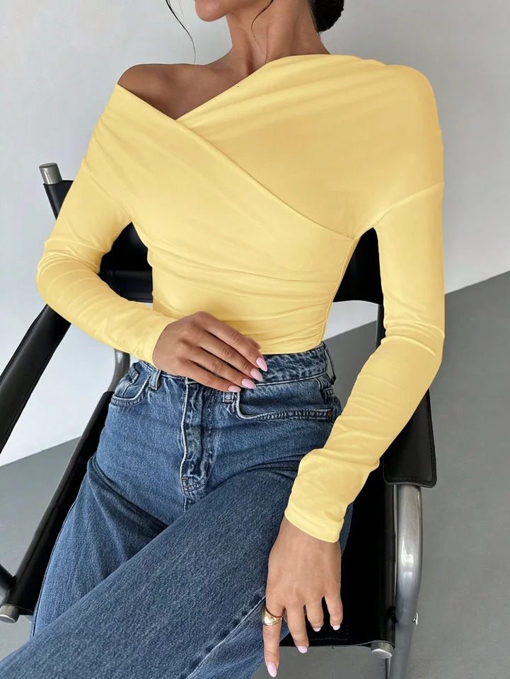 Womens Spring Casual Solid Color Girl Style Offtheshoulder Longsleeved Top 250729