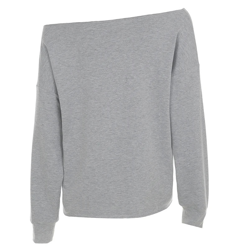 Womens Letter Print Hoodie Asymmetrical Skew Collar OffShoulder Casual Long Sleeve Top Fall Comfortable Loose Street Pullovers 250729