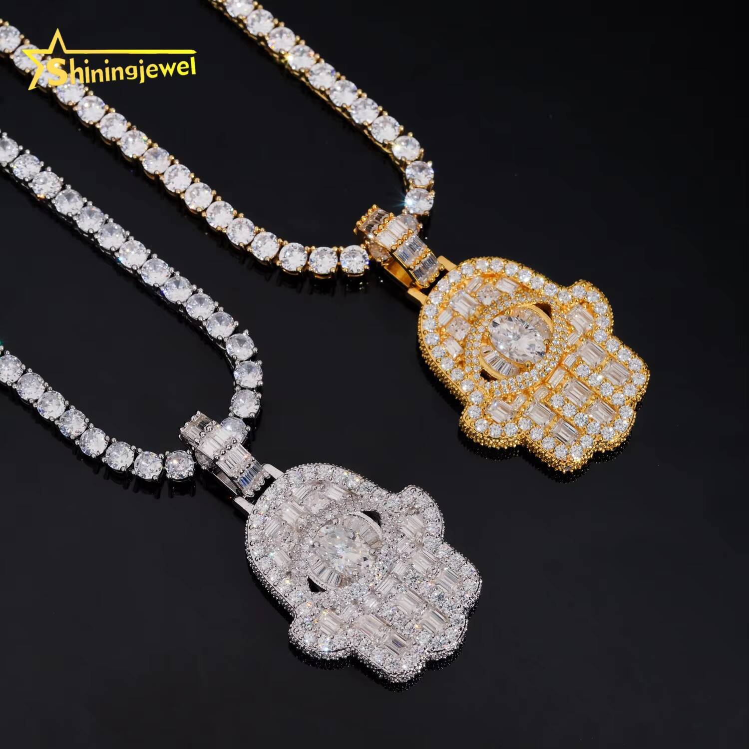 Fully Iced Out Luxury Bling Hip Hop VVS Moissanite Diamond Hamsa Hand 925 Silver Pendant