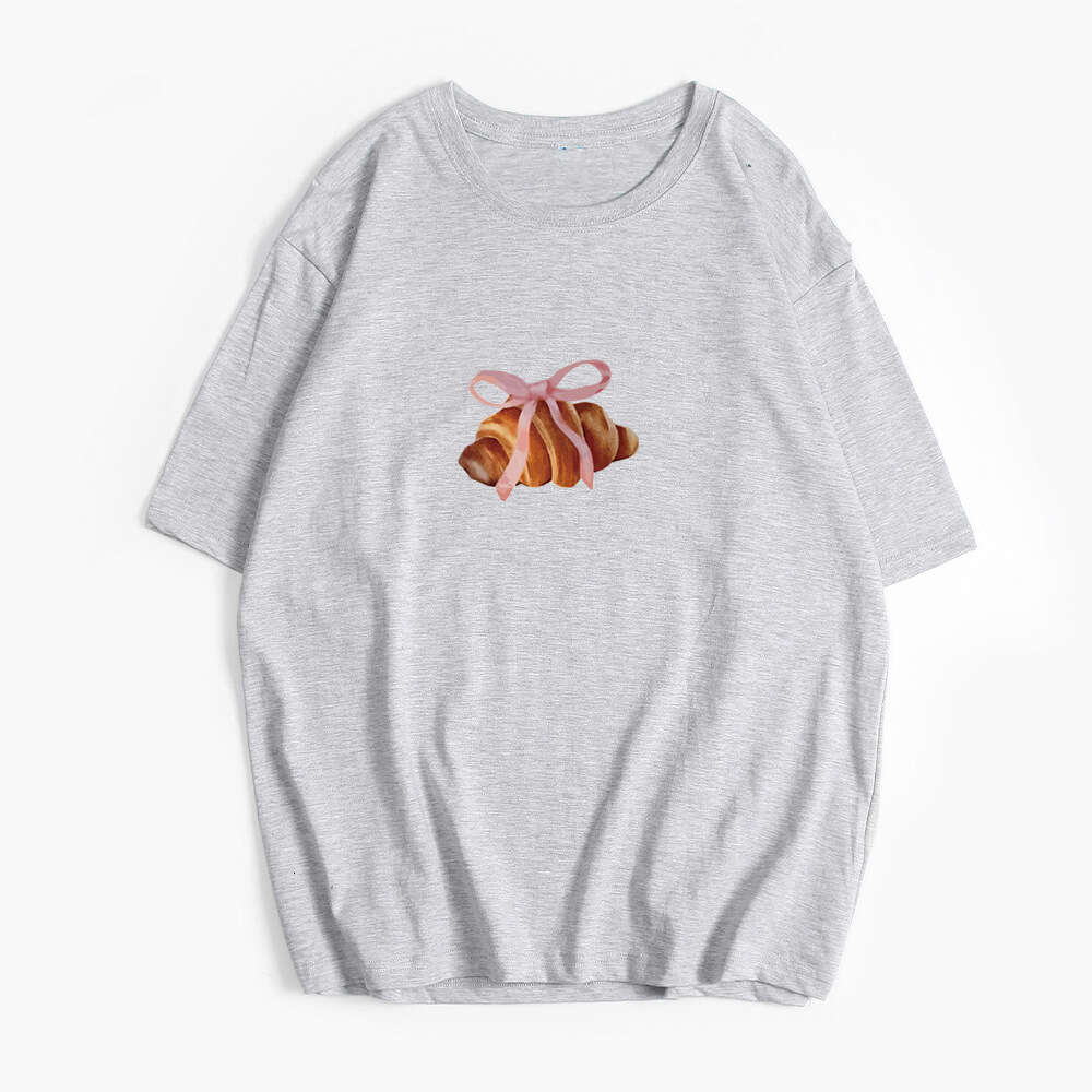 Simple Bowknot Print T-Shirt For Women Summer Versatile Loose Round Neck Pure Cotton Short Sleeve B5 h6