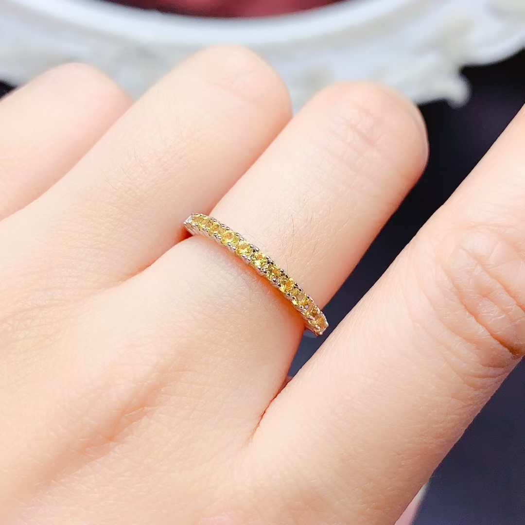 Natural Yellow Sapphire Ring for Daily Wear 13 pieces 2mm genuine Sapphire 925 Silver Ring with 18K Gold Plating gift for women