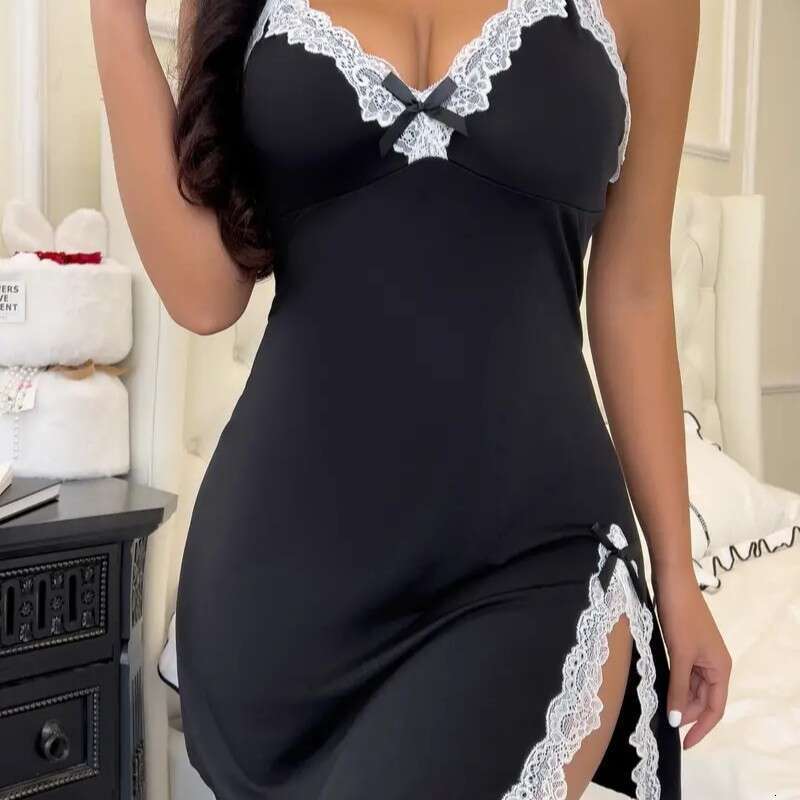 Black lace patchwork camisole nightgown sexy deep V-slit sleepwear skin friendly Modal home temptation short skirt