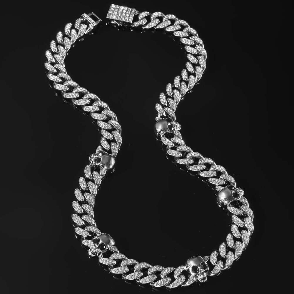 Hip-Hop Exaggerated Personality Full Dia Alloy Skull Cuban Chain Fashion Trendy Decorative Necklace