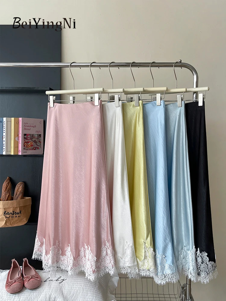 Beiyingni French Elegant Satin Mermaid Skirt Women Spring Summer Lace Patchwork Pack Hip Long Aline Skirts Office Ladies Faldas 250730