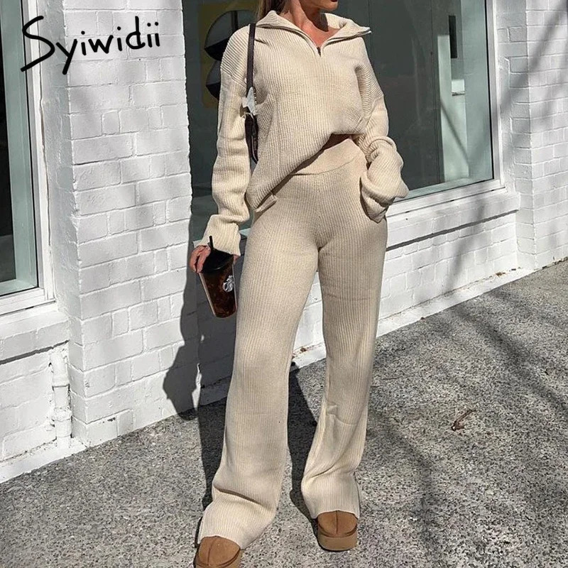 Syiwidii Autumn Winter Elegant 2 Piece Sets for Women Zipper Long Sleeve Sweaters Straight Pants Fashion Casual Knitted Suit 250730