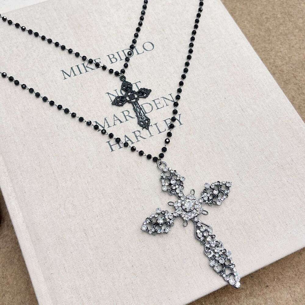 TikTok Black Beaded Double Layer Gothic Style Full Zircon Cross Necklace Spring 2025 a77