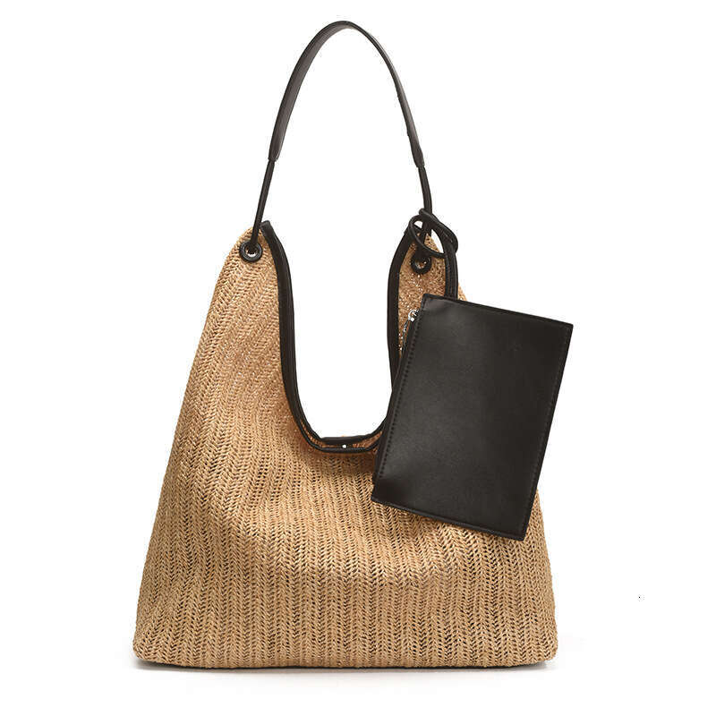 Tote Women's New Style Woven Color Stripe Shoulder Handbag Straw Vacation Beach Bag