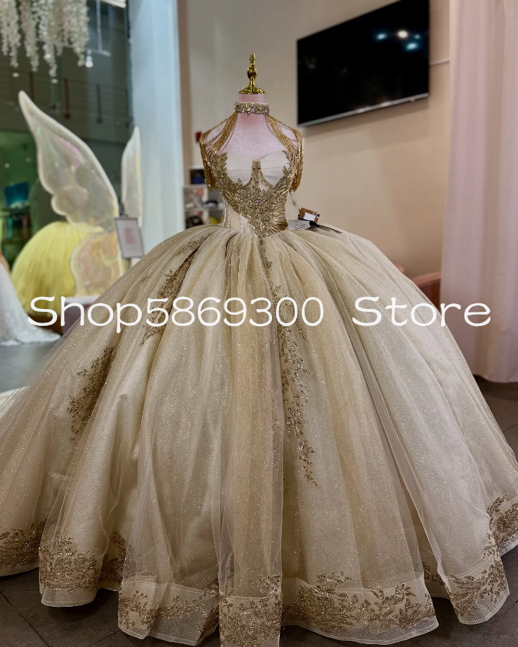 Gold Champagne Sparkly Princess Quinceanera Dresses Crystal Gillter Lace-up Corset vestido de 15 anos quinceanera Customsized