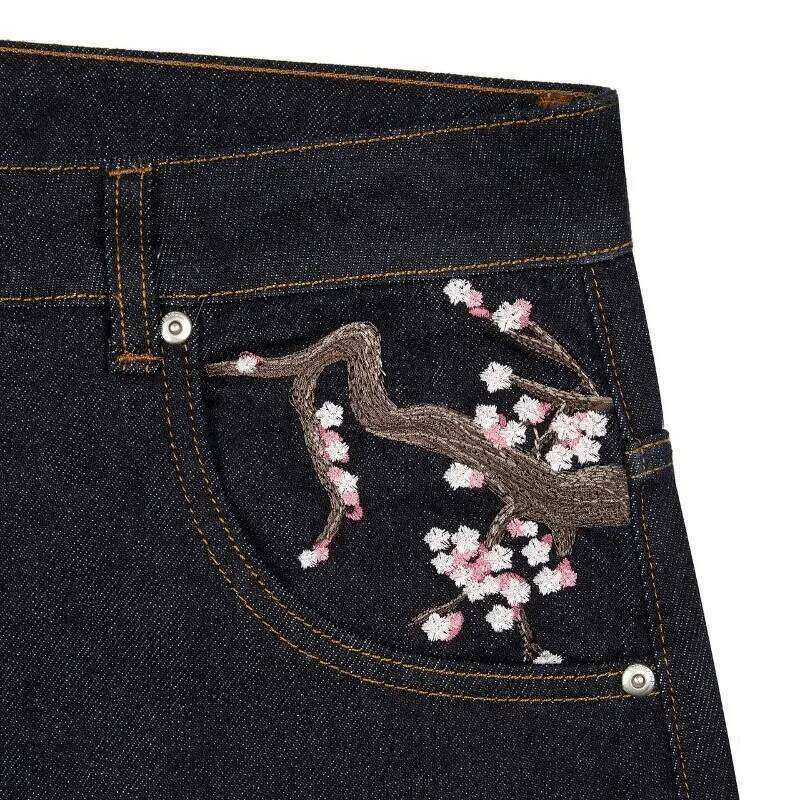 Y2k Baggy Jeans Cherry Blossom Seedge Embroidery Denim Pants Men Women Denim Fabric American Hiphop Streetwear Wide Leg Jeans