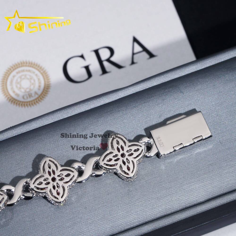 18MM Hip Hop Style Sterling Silver Iced Out Clover Infinity Link Bracelet Jewelry Pink Marquise Moissanite Clover Cuban Bracelet