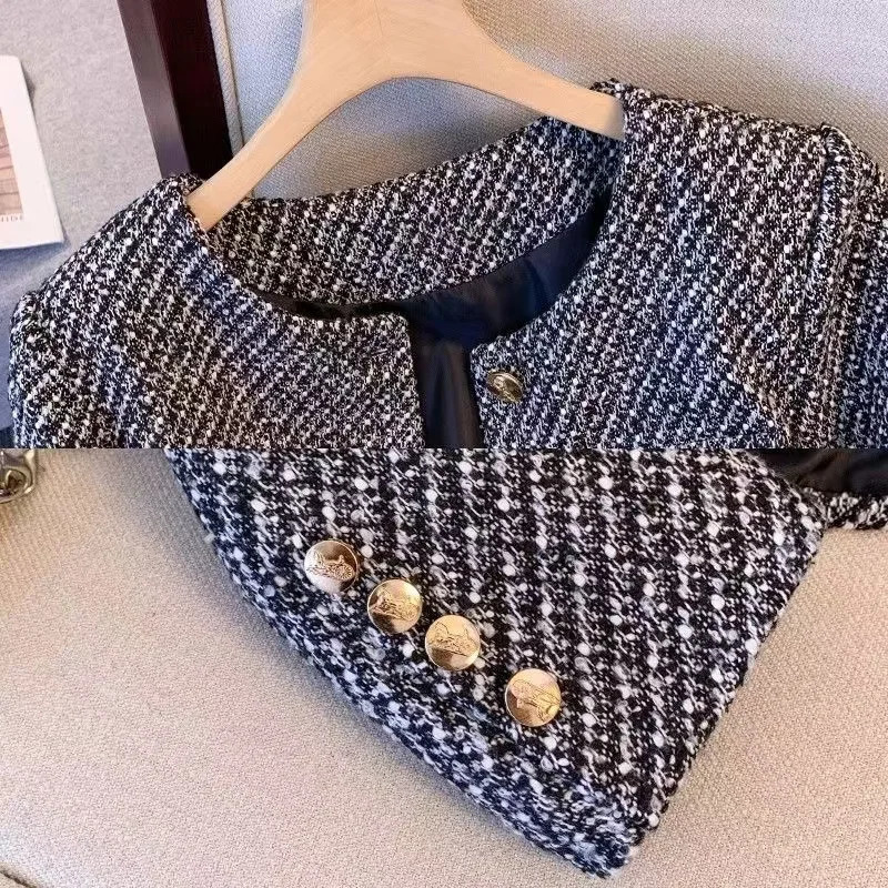 Winter Vintage Tweed Jacket Small Cardigan Female Korean Short Fragrance Joint Elegant Woolen Coat 250730