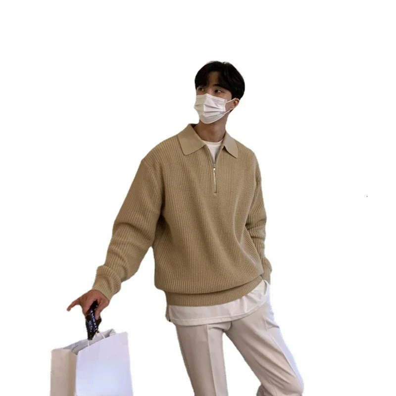 Koren Quality Youth Polo Collar Sweater Men Winter Thickened Loose Half Zipper Autumn and Japanese Vintage 250729