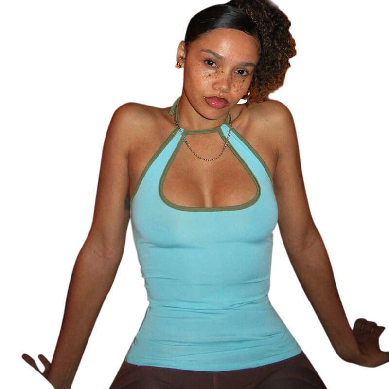 Y23tp088 Women's Summer New Color-Block Halter Neck Lace-Up Hollow Out Backless Casual Tank Top T-Shirt B5