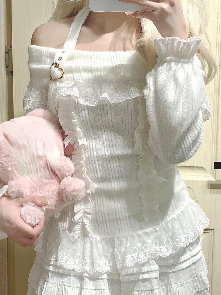 Lolita Off Shoulder Halter Sweater Women Kawaii Lace Patchwork Y2k Aesthetic Japanese Bottoming Crop Tops Pullover Knitwear 250723
