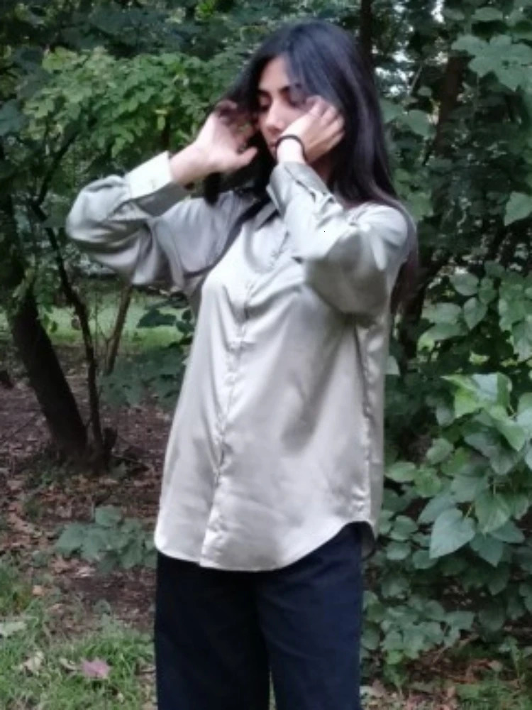 Elegant Satin Loose Women Shirt Spring Turndown Collar Ladies Blouse Autumn Vintage Casual Button Silk Tops 250724