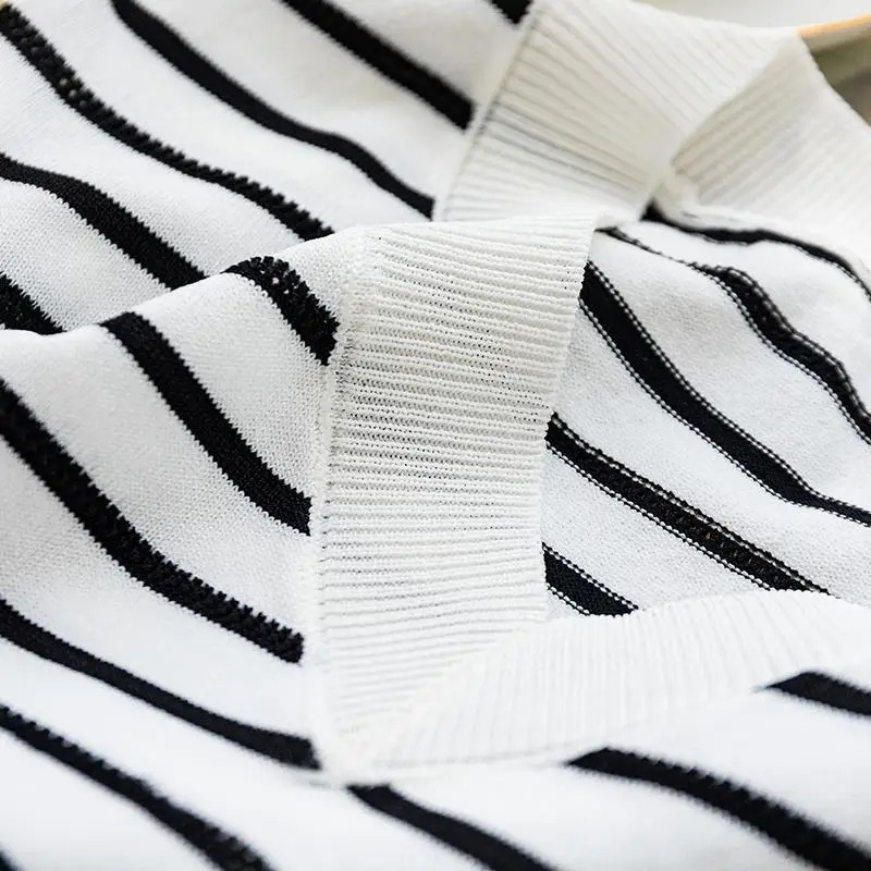 Stripe Versatile Pullover Female Knitted TShirt Summer Short Sleeve VNeck Tees Korean Clothing Fashion Women Casual Tops 2023 250724
