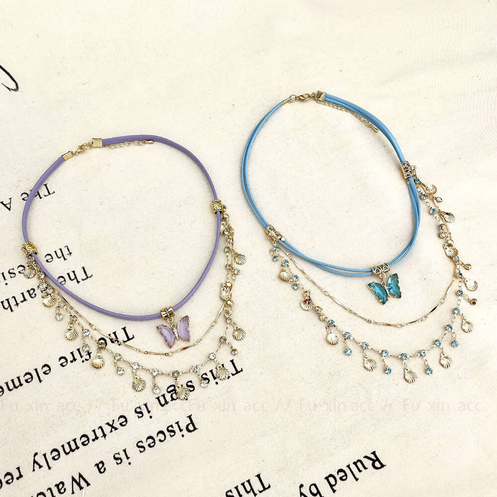 Taro Purple Butterfly Shell Necklace 2024 New Multi-layer Stacked Collarbone Chain Elegant Exquisite Fashion Accessory for Women 69b