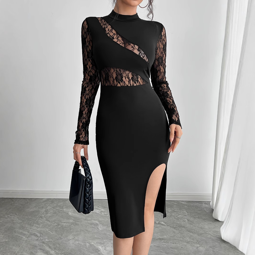 L729Autumn new women's solid color contrast lace slit sexy tight dress