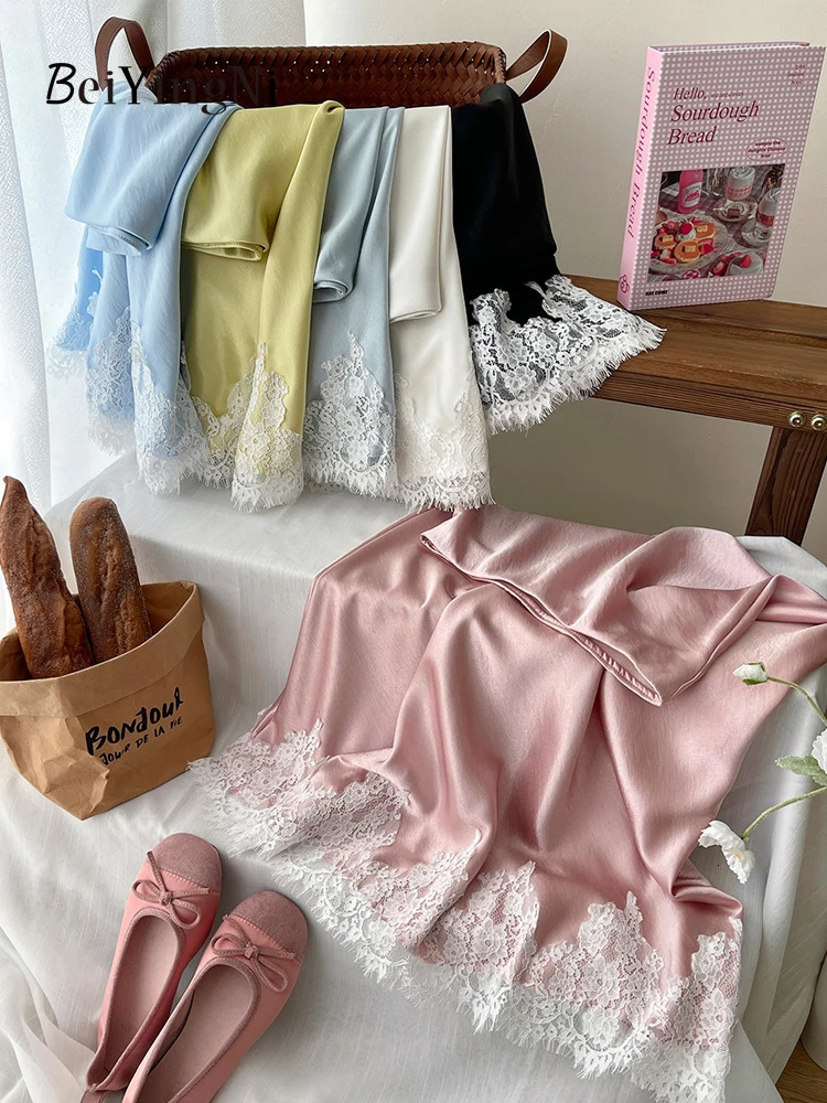 Beiyingni French Elegant Satin Mermaid Skirt Women Spring Summer Lace Patchwork Pack Hip Long Aline Skirts Office Ladies Faldas 250730