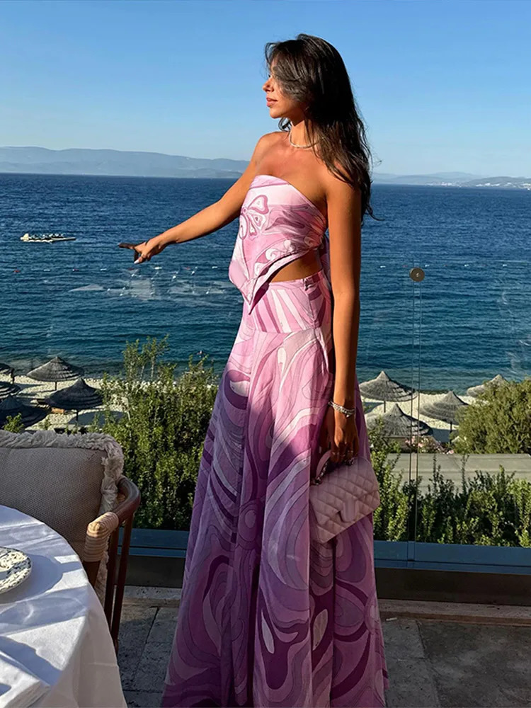 Sexy Printed Tube Top Long Skirt Set Women Casual Backless Lace Up Tops Loose Skirts Sets Female Summer Chic Street Holiday 250730